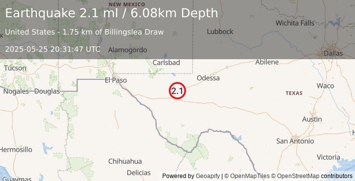 Earthquake 7 km NE of Toyah, Texas (2.1 ml) (2025-05-25 20:31:47 UTC)