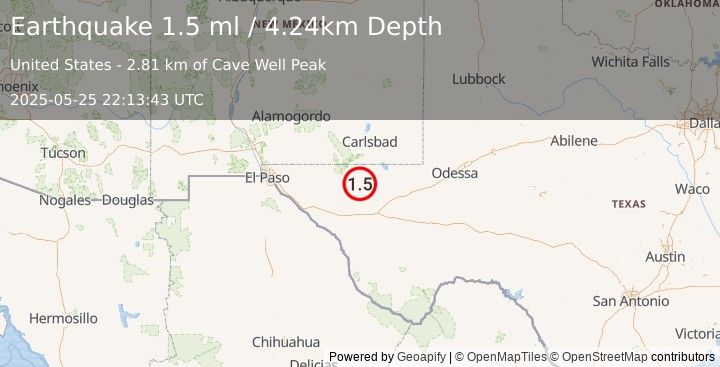 Earthquake 59 km S of Whites City, New Mexico (1.5 ml) (2025-05-25 22:13:43 UTC)