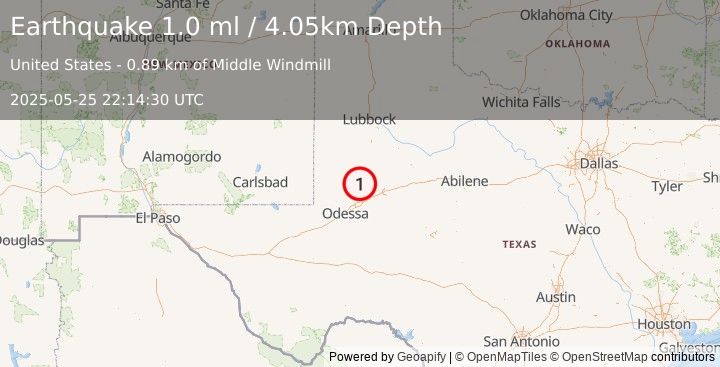 Earthquake 32 km WSW of Ackerly, Texas (1.2 ml) (2025-05-25 22:14:30 UTC)