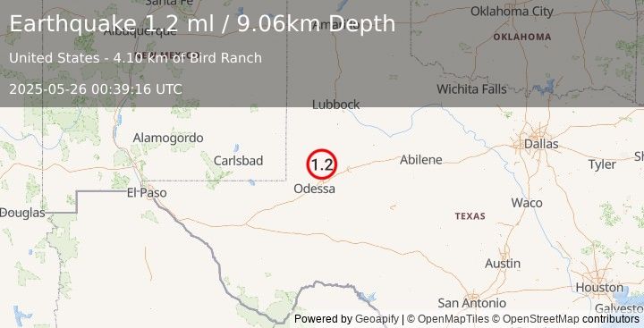 Earthquake 33 km E of McKinney Acres, Texas (1.2 ml) (2025-05-26 00:39:16 UTC)