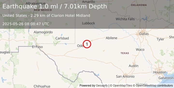 Earthquake 10 km ESE of Midland, Texas (1.0 ml) (2025-05-26 08:08:47 UTC)