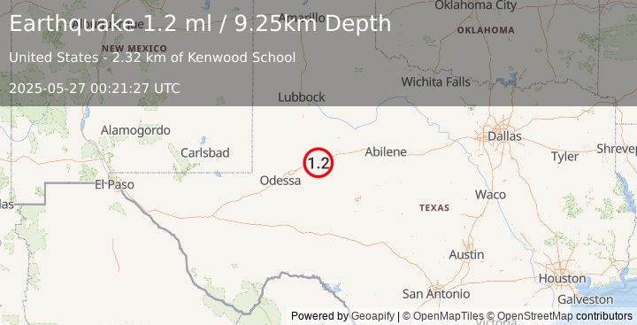 Earthquake 6 km SE of Big Spring, Texas (1.2 ml) (2025-05-27 00:21:27 UTC)