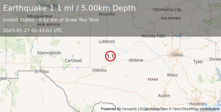 Earthquake 14 km SW of Gail, Texas (1.1 ml) (2025-05-27 00:43:03 UTC)