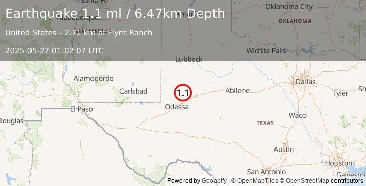 Earthquake 38 km NW of Stanton, Texas (1.1 ml) (2025-05-27 01:02:07 UTC)