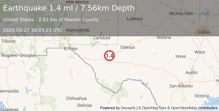 Earthquake 11 km E of Toyah, Texas (1.4 ml) (2025-05-27 18:03:25 UTC)