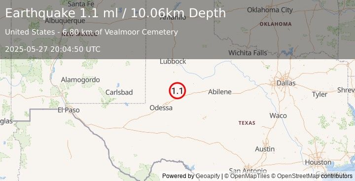 Earthquake 8 km ESE of Ackerly, Texas (1.1 ml) (2025-05-27 20:04:51 UTC)
