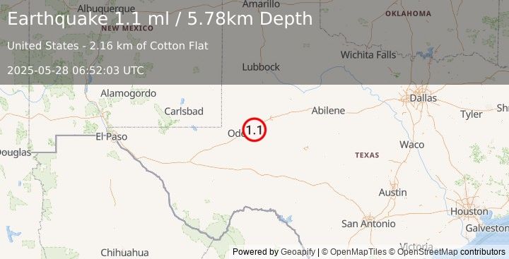 Earthquake 7 km SSE of Midland, Texas (1.1 ml) (2025-05-28 06:52:03 UTC)