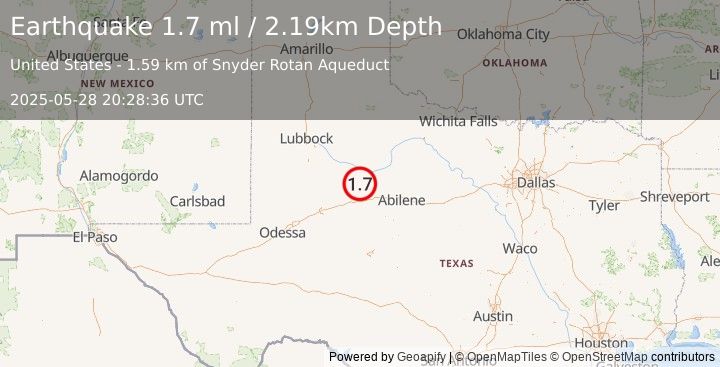 Earthquake 15 km NE of Hermleigh, Texas (1.7 ml) (2025-05-28 20:28:36 UTC)