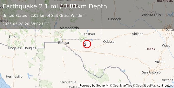 Earthquake 58 km S of Whites City, New Mexico (2.1 ml) (2025-05-28 20:38:02 UTC)