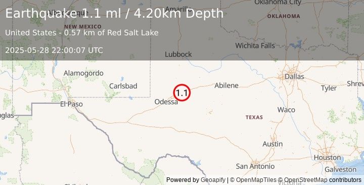 Earthquake 11 km ENE of Stanton, Texas (1.1 ml) (2025-05-28 22:00:07 UTC)