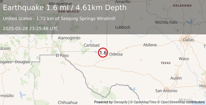 Earthquake 24 km SW of Jal, New Mexico (1.6 ml) (2025-05-28 23:25:46 UTC)