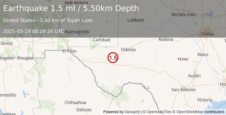 Earthquake 8 km SE of Pecos, Texas (1.5 ml) (2025-05-29 00:29:26 UTC)