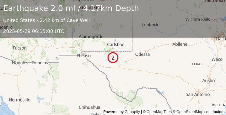 Earthquake 58 km S of Whites City, New Mexico (2.0 ml) (2025-05-29 06:15:00 UTC)