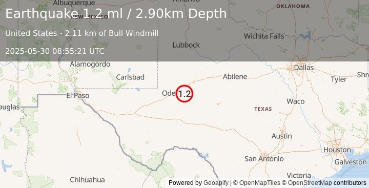 Earthquake 26 km SE of Midland, Texas (1.2 ml) (2025-05-30 08:55:21 UTC)