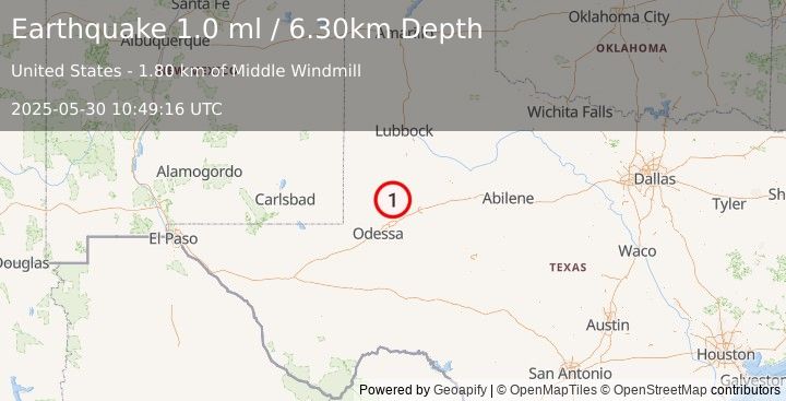 Earthquake 35 km WSW of Ackerly, Texas (1.0 ml) (2025-05-30 10:49:16 UTC)