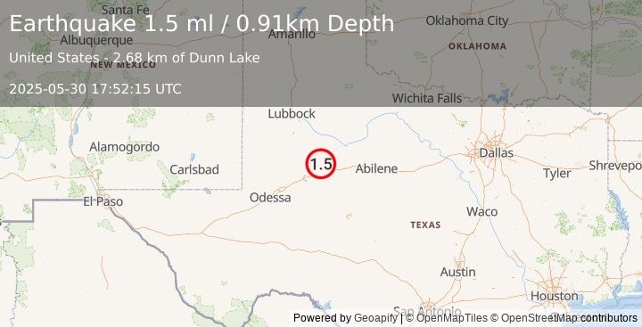 Earthquake 23 km NNW of Westbrook, Texas (1.5 ml) (2025-05-30 17:52:15 UTC)