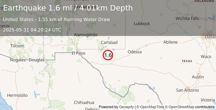 Earthquake 59 km S of Whites City, New Mexico (1.6 ml) (2025-05-31 04:20:24 UTC)