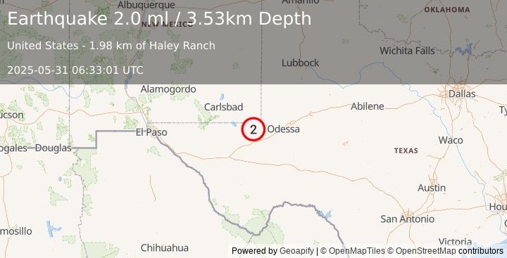 Earthquake 25 km SW of Jal, New Mexico (1.9 ml) (2025-05-31 06:33:02 UTC)
