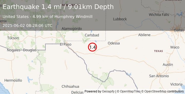 Earthquake 45 km NW of Toyah, Texas (1.4 ml) (2025-06-02 08:28:06 UTC)