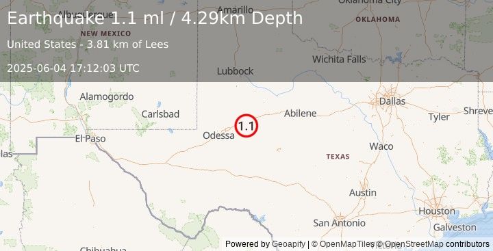 Earthquake 10 km W of Forsan, Texas (1.1 ml) (2025-06-04 17:12:03 UTC)