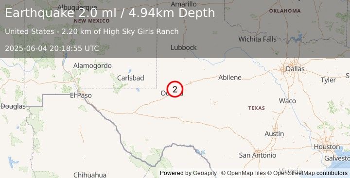 Earthquake 14 km W of Midland, Texas (2.0 ml) (2025-06-04 20:18:55 UTC)