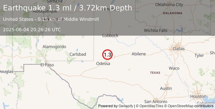 Earthquake 34 km WSW of Ackerly, Texas (1.3 ml) (2025-06-04 20:26:26 UTC)