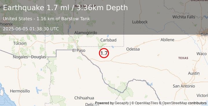 Earthquake 65 km NNE of Van Horn, Texas (1.7 ml) (2025-06-05 01:38:30 UTC)