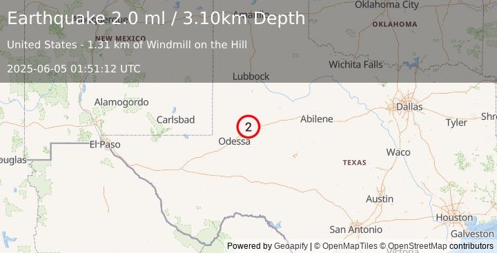 Earthquake 17 km NW of Stanton, Texas (2.0 ml) (2025-06-05 01:51:12 UTC)
