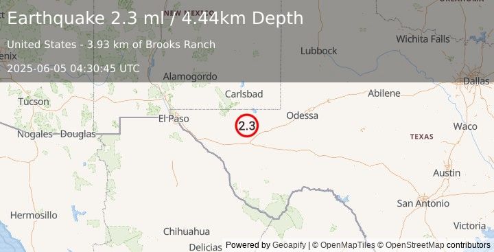 Earthquake 42 km NW of Toyah, Texas (2.3 ml) (2025-06-05 04:30:45 UTC)