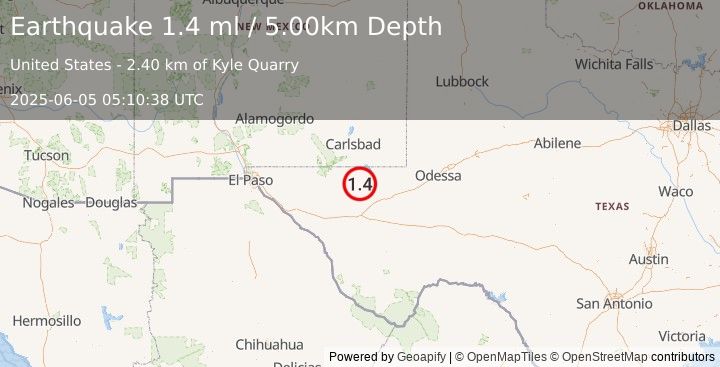 Earthquake 46 km W of Mentone, Texas (1.4 ml) (2025-06-05 05:10:38 UTC)