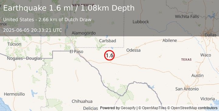 Earthquake 35 km NW of Toyah, Texas (1.6 ml) (2025-06-05 20:33:21 UTC)