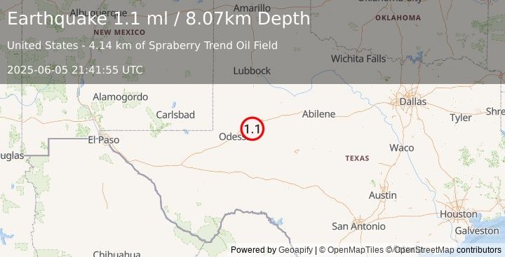 Earthquake 8 km SSW of Stanton, Texas (1.1 ml) (2025-06-05 21:41:55 UTC)