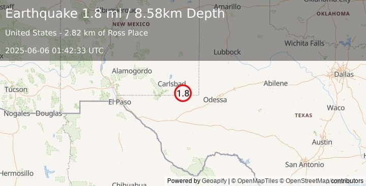 Earthquake 33 km ESE of Malaga, New Mexico (1.8 ml) (2025-06-06 01:42:33 UTC)