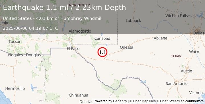 Earthquake 46 km WNW of Toyah, Texas (1.1 ml) (2025-06-06 04:19:07 UTC)