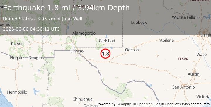 Earthquake 61 km WNW of Toyah, Texas (1.8 ml) (2025-06-06 04:36:11 UTC)