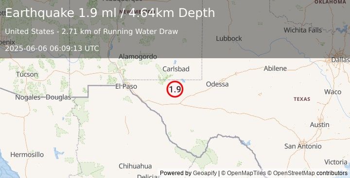 Earthquake 59 km S of Whites City, New Mexico (1.9 ml) (2025-06-06 06:09:13 UTC)