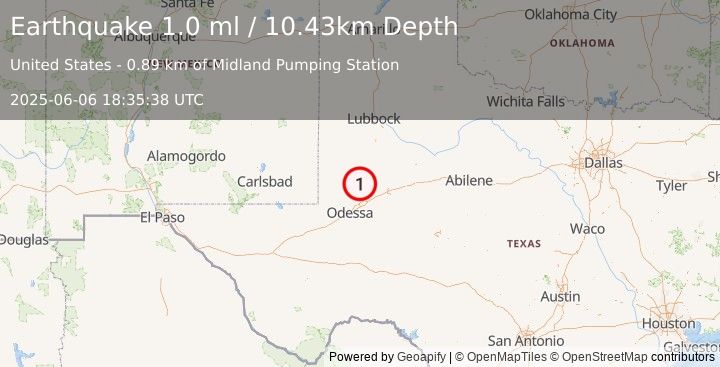 Earthquake 37 km ENE of McKinney Acres, Texas (1.0 ml) (2025-06-06 18:35:38 UTC)
