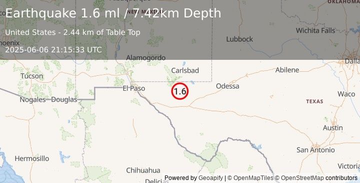 Earthquake 60 km S of Whites City, New Mexico (1.6 ml) (2025-06-06 21:15:33 UTC)