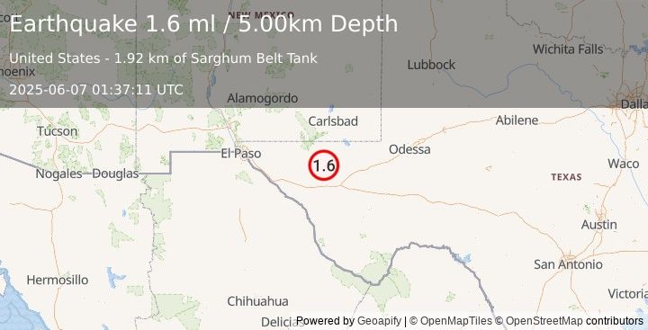 Earthquake 63 km NE of Van Horn, Texas (1.6 ml) (2025-06-07 01:37:11 UTC)