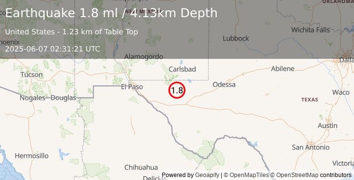Earthquake 61 km S of Whites City, New Mexico (1.8 ml) (2025-06-07 02:31:21 UTC)