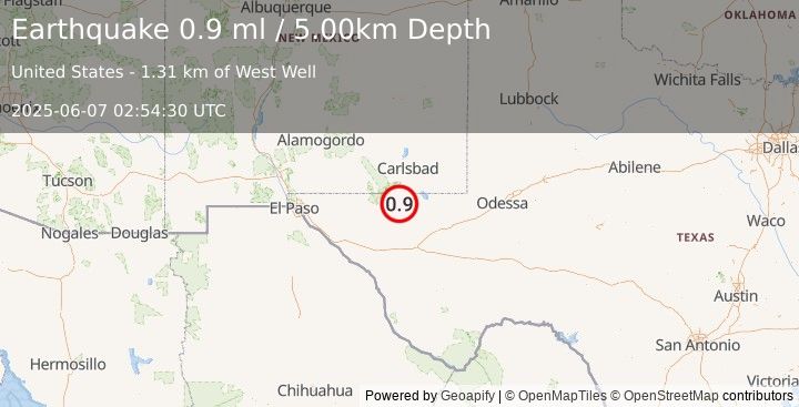 Earthquake 38 km S of Whites City, New Mexico (0.9 ml) (2025-06-07 02:54:30 UTC)