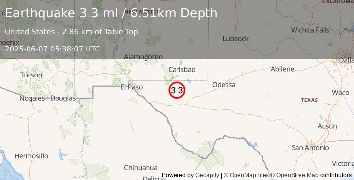 Earthquake 59 km S of Whites City, New Mexico (3.3 ml) (2025-06-07 05:38:07 UTC)