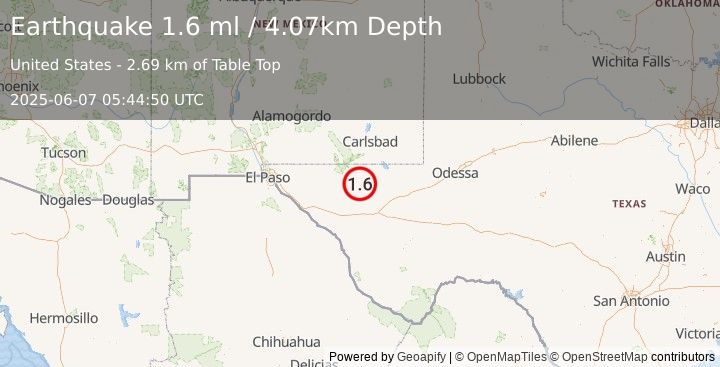Earthquake 59 km S of Whites City, New Mexico (1.6 ml) (2025-06-07 05:44:50 UTC)