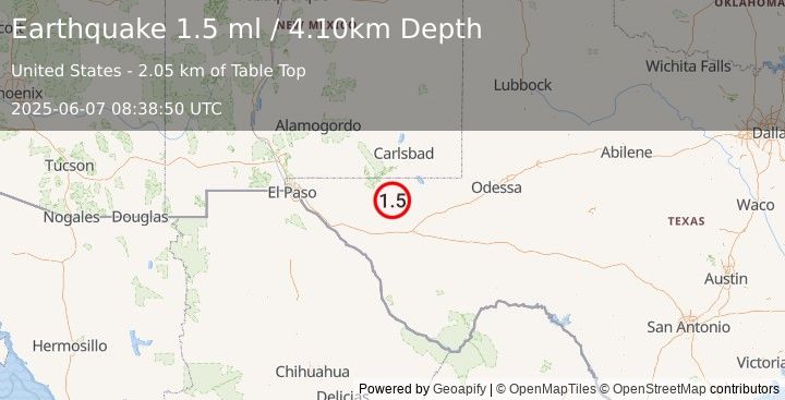 Earthquake 61 km S of Whites City, New Mexico (1.5 ml) (2025-06-07 08:38:50 UTC)