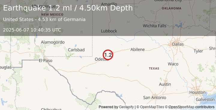 Earthquake 12 km WSW of Stanton, Texas (1.2 ml) (2025-06-07 10:40:35 UTC)