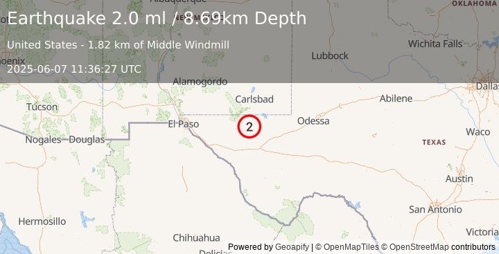 Earthquake 55 km S of Whites City, New Mexico (2.0 ml) (2025-06-07 11:36:27 UTC)