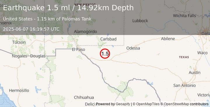 Earthquake 59 km NNE of Van Horn, Texas (1.5 ml) (2025-06-07 16:19:57 UTC)