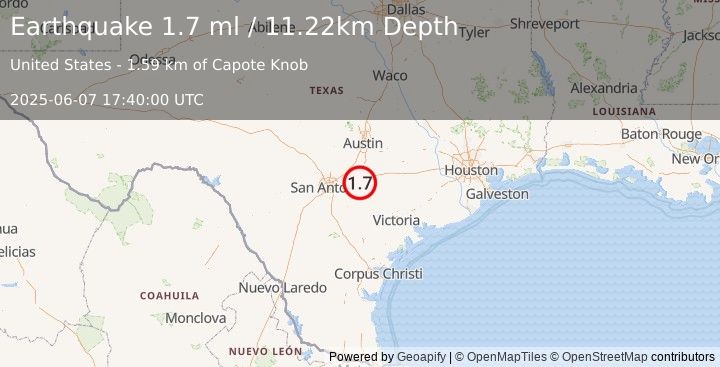 Earthquake 16 km S of Kingsbury, Texas (1.7 ml) (2025-06-07 17:40:00 UTC)