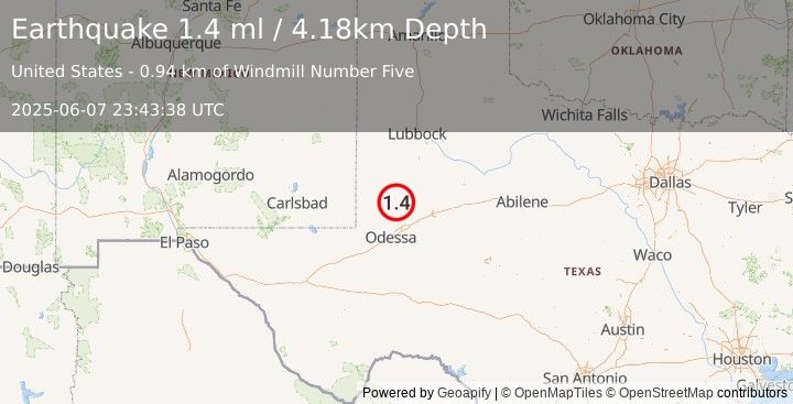 Earthquake 29 km ENE of McKinney Acres, Texas (1.4 ml) (2025-06-07 23:43:38 UTC)