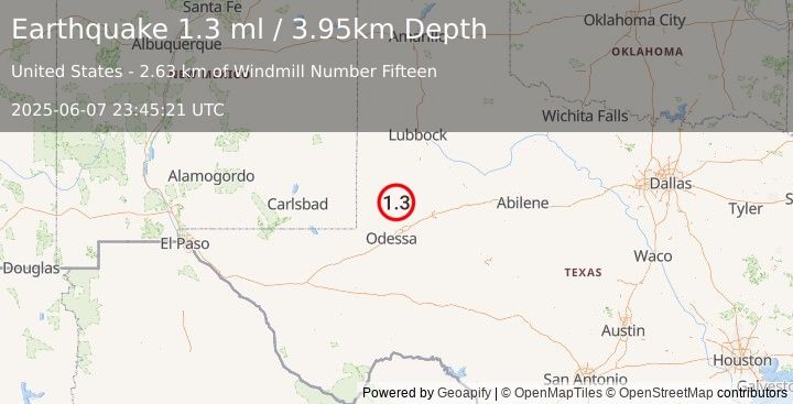 Earthquake 30 km NE of McKinney Acres, Texas (1.3 ml) (2025-06-07 23:45:21 UTC)